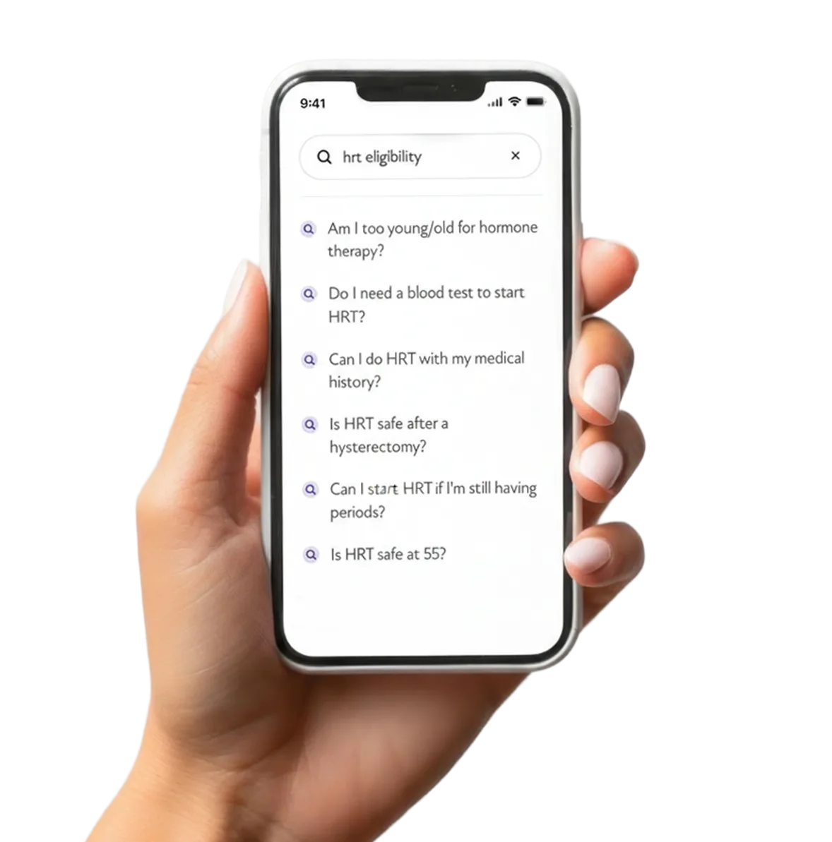 Hand holding phone showing HRT eligibility search